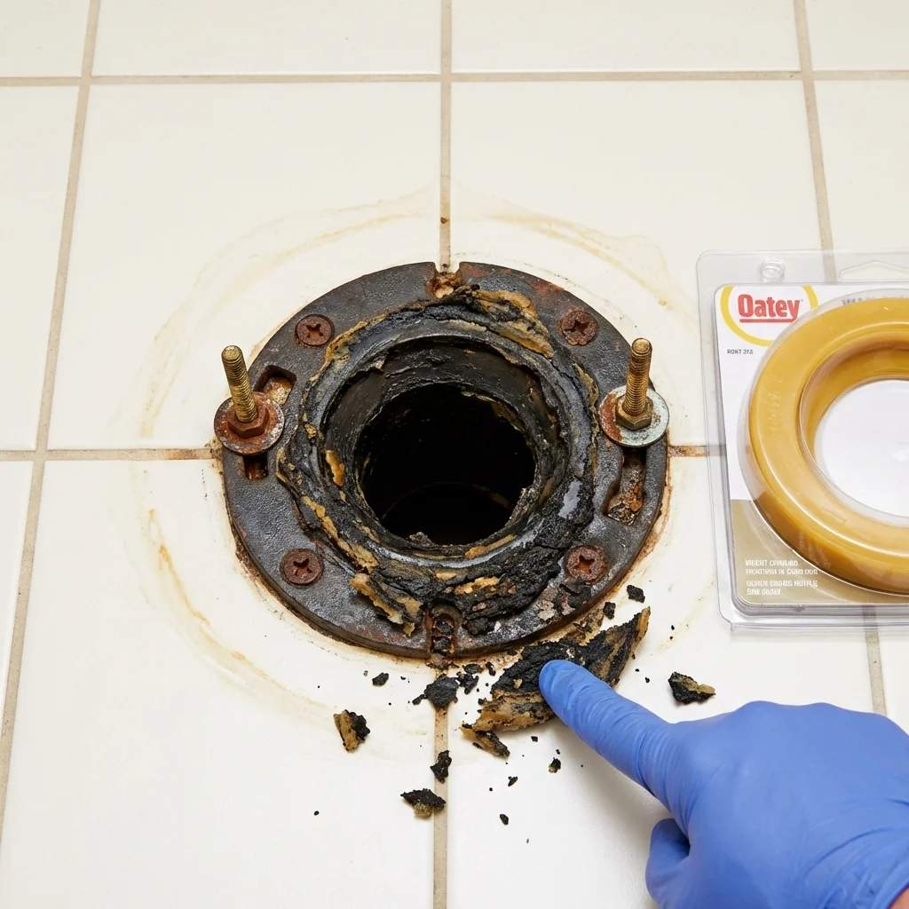 Failed wax ring showing water seepage at the base of a toilet in a Sheridan, WY home